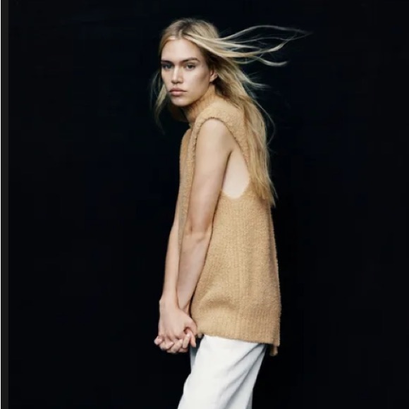 Zara Chenille Back Open Knit Sweater Vest High Neck Mustard. Size Small. - Picture 9 of 12